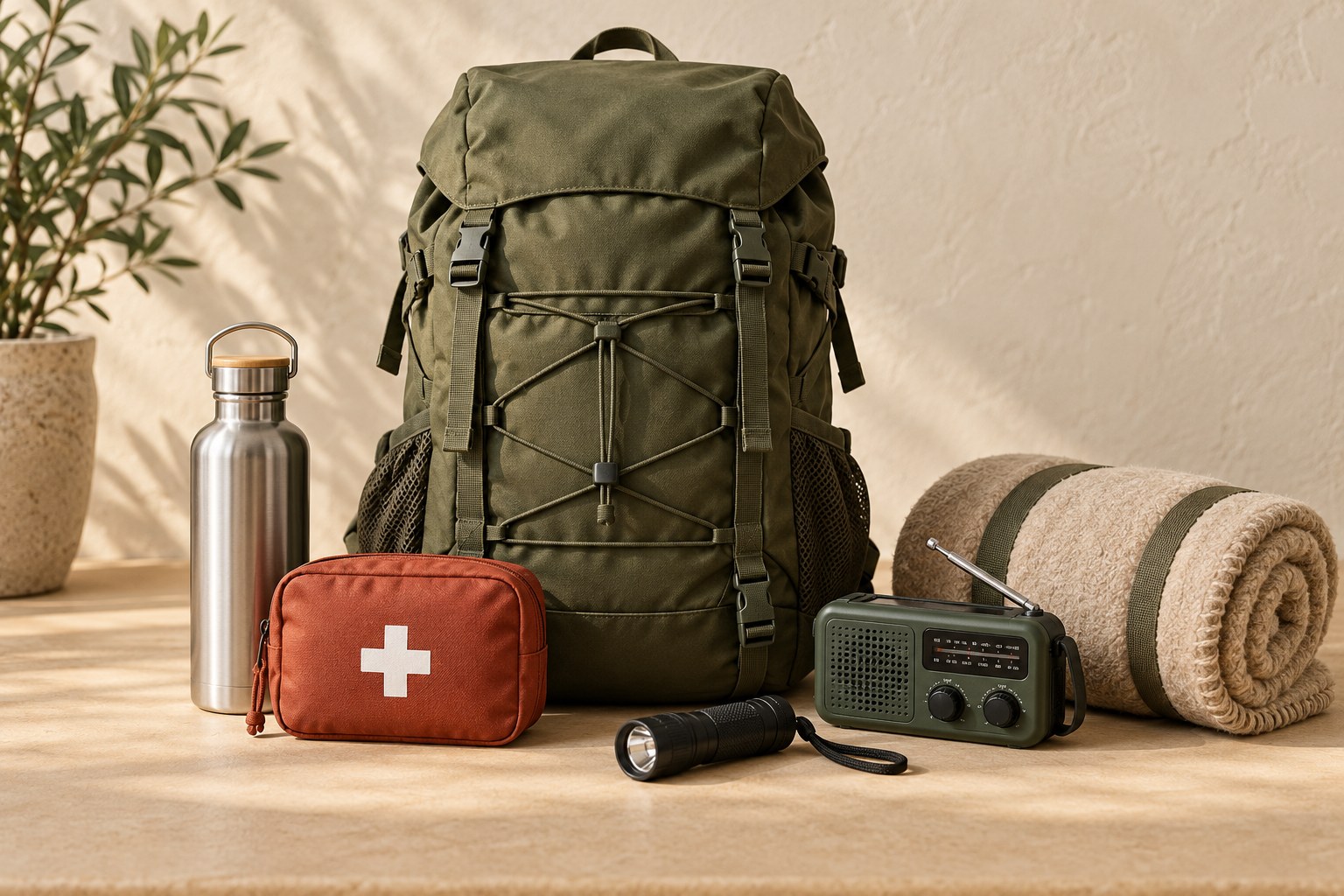Mochila de emergencia con agua, radio y botiquín